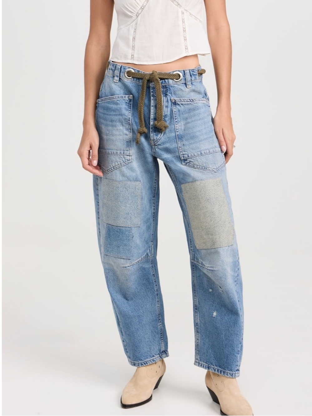Free People Jeans Moxie Barrel Leg Distressed Green Belted in Truest Blue - Picture 5 of 10